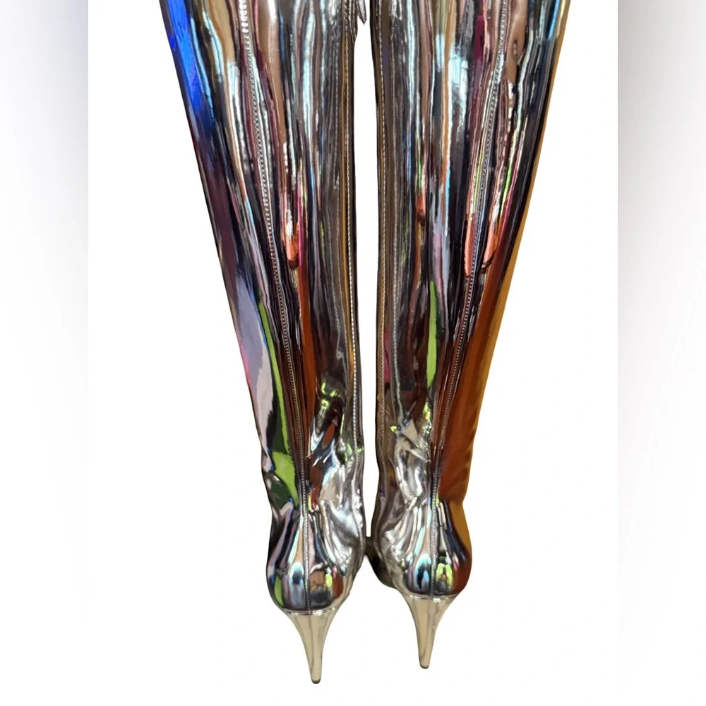 Moschino NWT Sz 38 Vero Cucio Silver Metallic Knee-High Stiletto Boots (SH292) - Picture 8 of 15